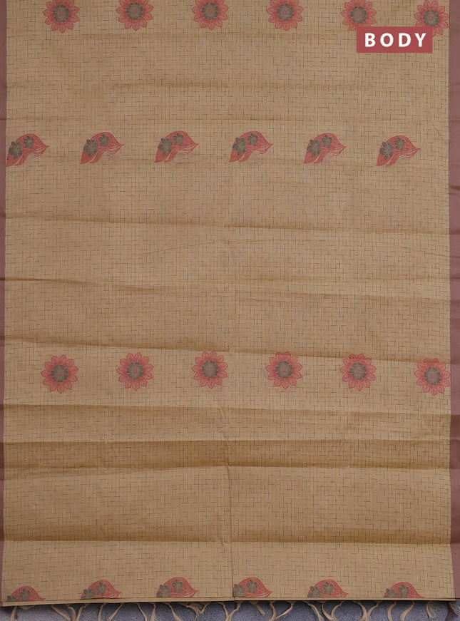 Nithyam cotton saree sandal and pastel brown with allover thread weaves and simple border