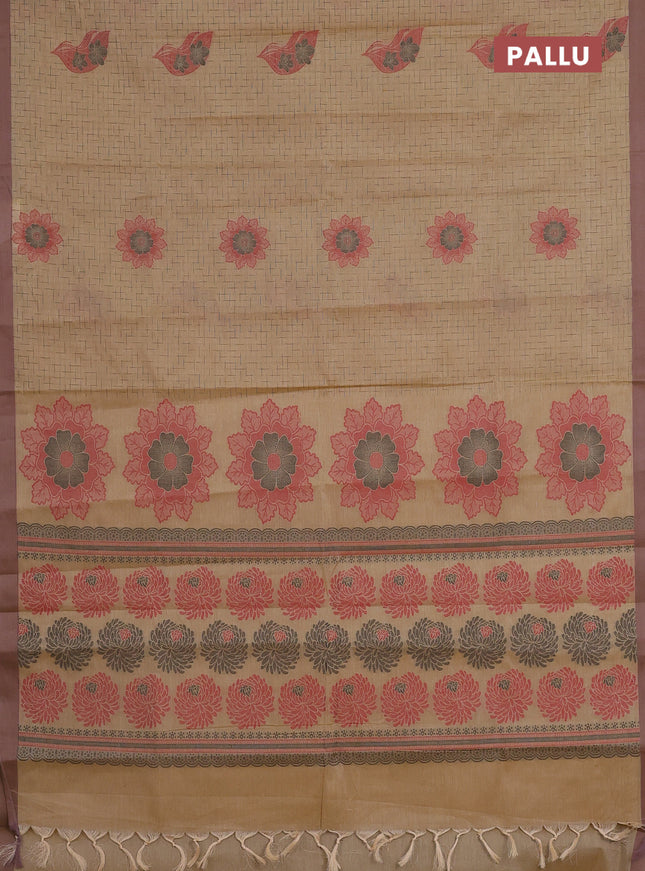 Nithyam cotton saree sandal and pastel brown with allover thread weaves and simple border