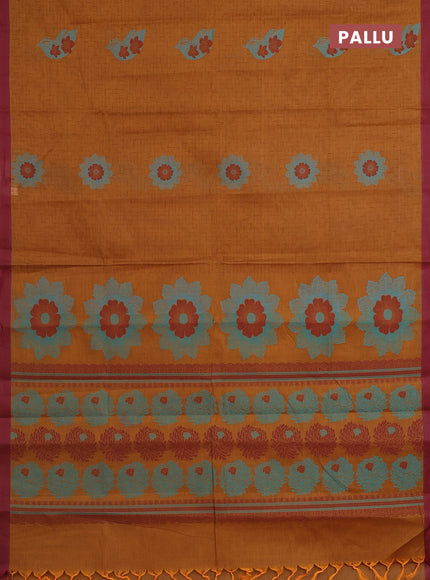 Nithyam cotton saree dark mustard and maroon with allover thread weaves and simple border