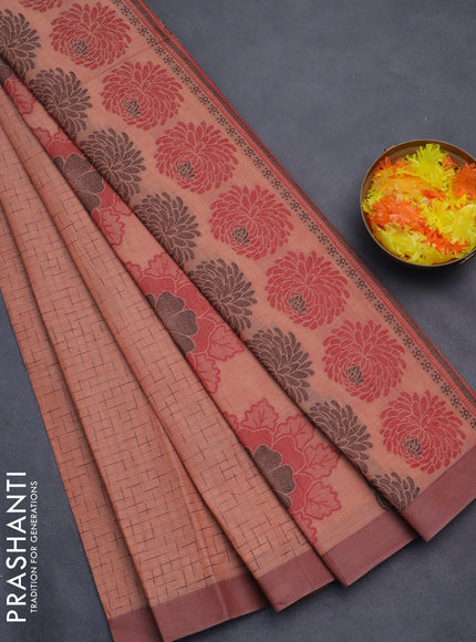 Nithyam cotton saree rust shade and pastel brown with allover thread weaves and simple border