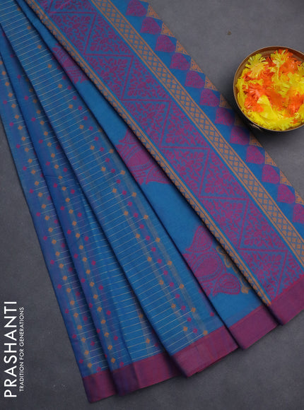 Nithyam cotton saree cs blue and dual shade of maroon with allover thread weaves and simple border