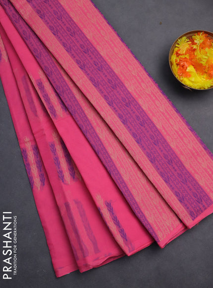 Nithyam cotton saree candy pink with thread woven buttas in borderless style