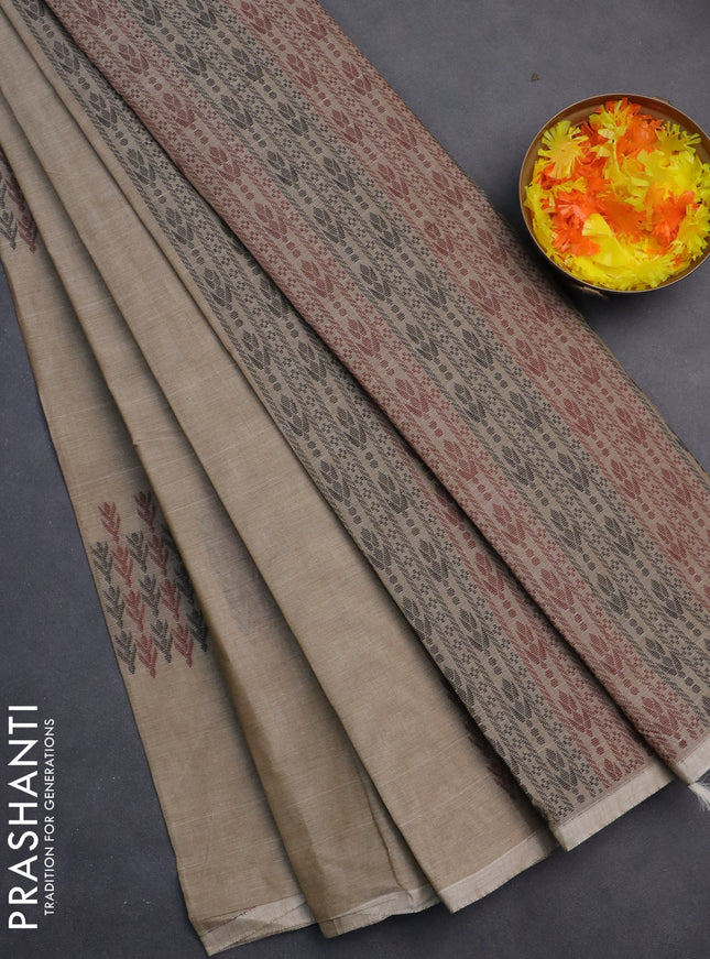 Nithyam cotton saree beige with thread woven buttas in borderless style