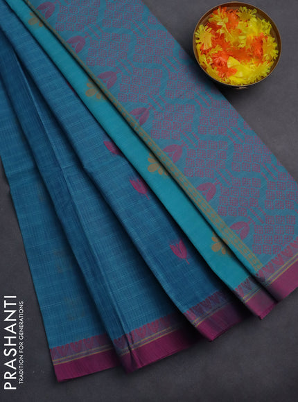 Nithyam cotton saree blue and purple with thread woven buttas and thread woven simple border