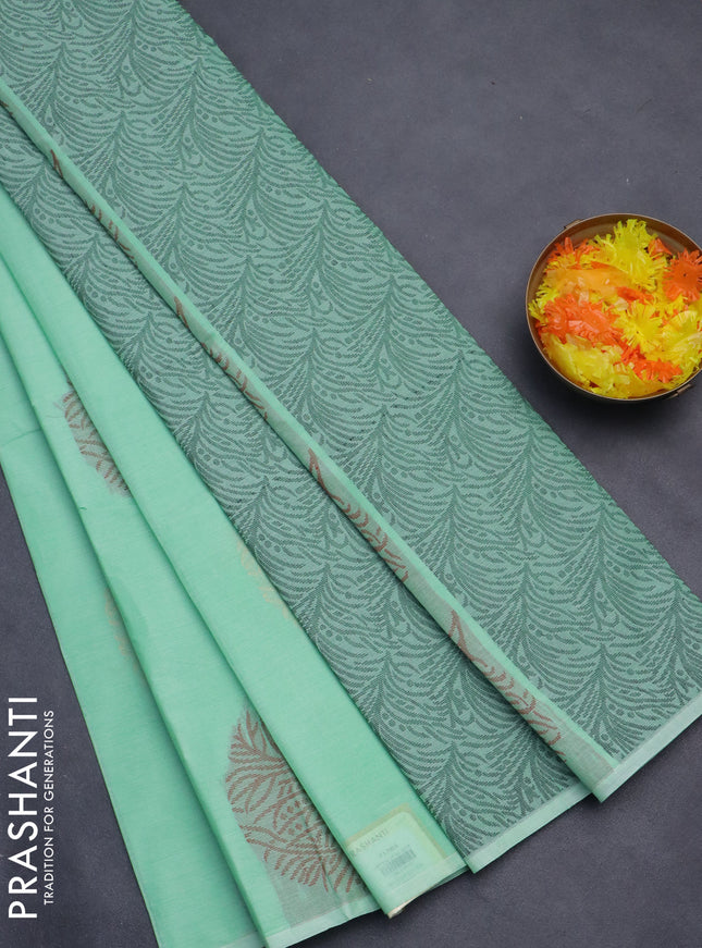 Nithyam cotton saree teal green shade with thread woven buttas in borderless style