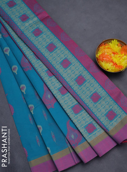Nithyam cotton saree teal blue and dual shade of pink with thread woven buttas and simple border