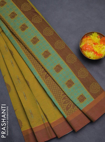 Nithyam cotton saree mustard green and dual shade of green with thread woven buttas and simple border