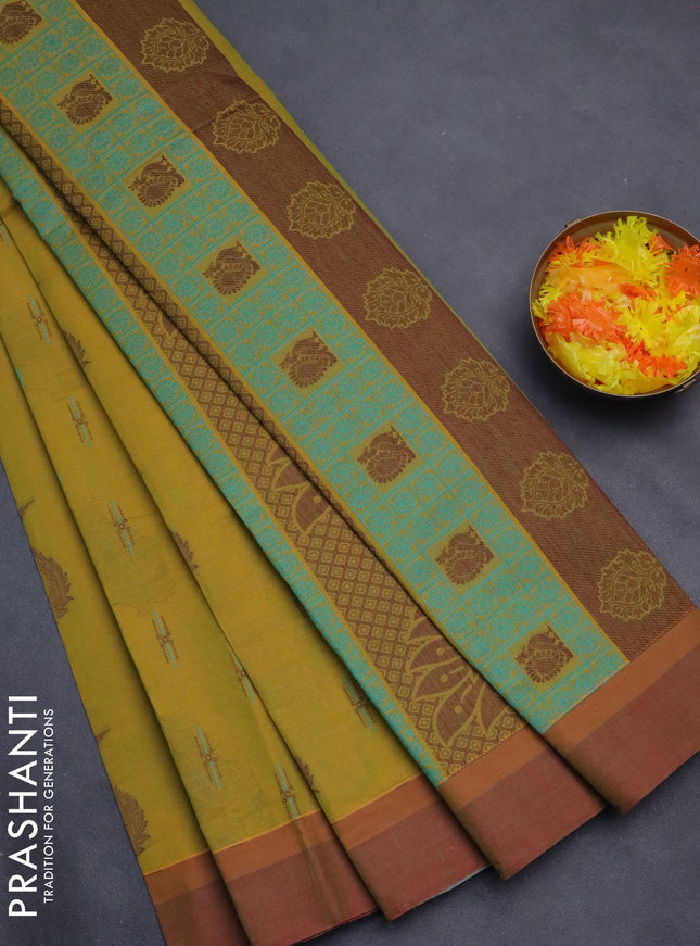 Nithyam cotton saree mustard green and dual shade of green with thread woven buttas and simple border