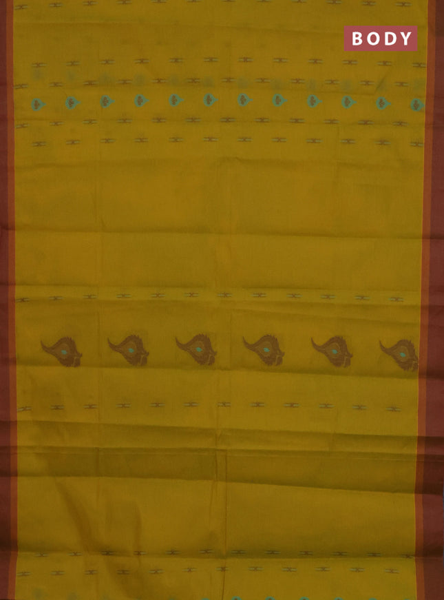 Nithyam cotton saree mustard green and dual shade of green with thread woven buttas and simple border