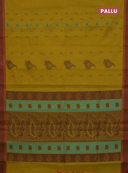 Nithyam cotton saree mustard green and dual shade of green with thread woven buttas and simple border