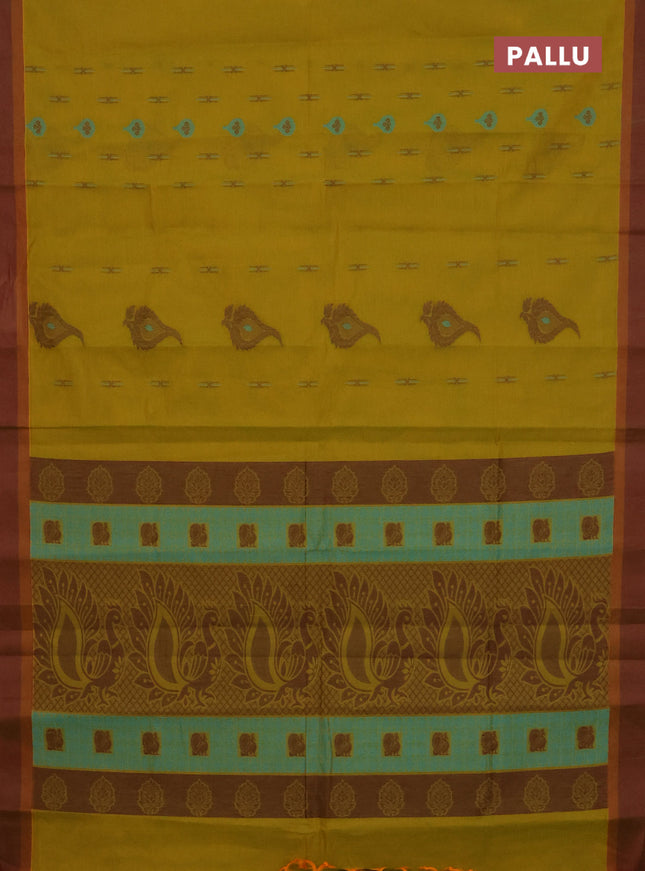 Nithyam cotton saree mustard green and dual shade of green with thread woven buttas and simple border
