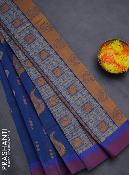 Nithyam cotton saree dark blue and dual shade of maroon with thread woven buttas and simple border