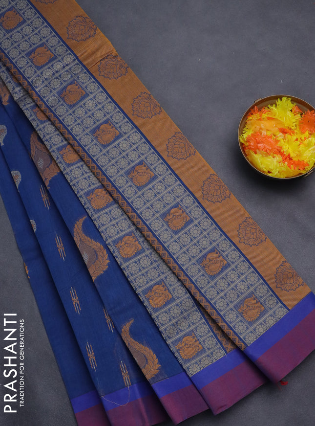 Nithyam cotton saree dark blue and dual shade of maroon with thread woven buttas and simple border