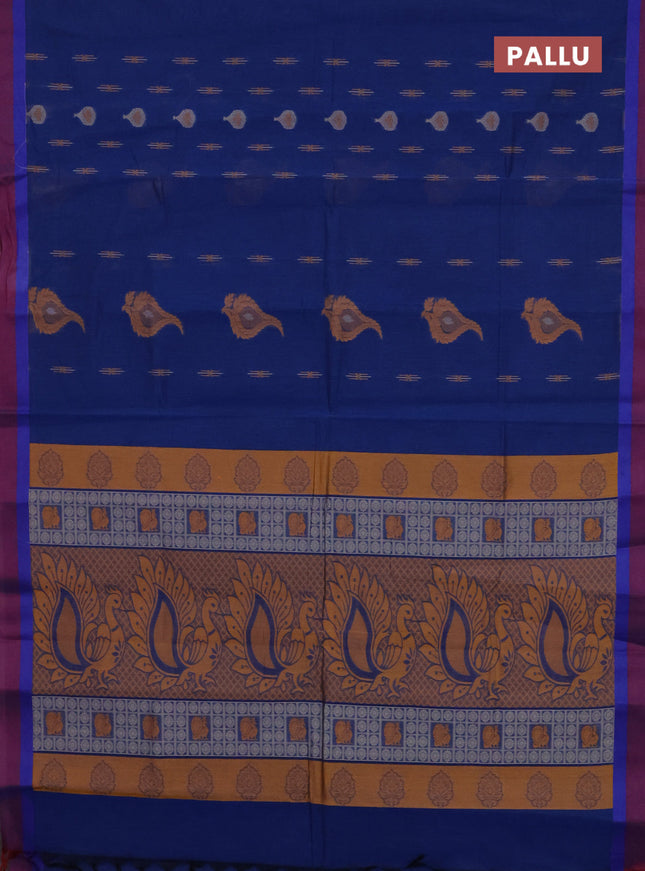 Nithyam cotton saree dark blue and dual shade of maroon with thread woven buttas and simple border