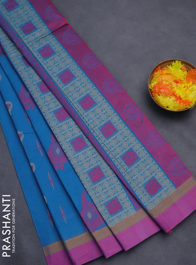 Nithyam cotton saree cs blue and pink shade with thread woven buttas and simple border