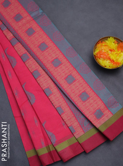 Nithyam cotton saree candy pink and dark pink with thread woven buttas and simple border