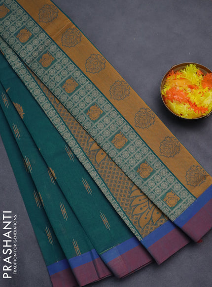 Nithyam cotton saree peacock blue and dual shade of maroon with thread woven buttas and simple border