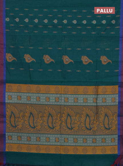 Nithyam cotton saree peacock blue and dual shade of maroon with thread woven buttas and simple border