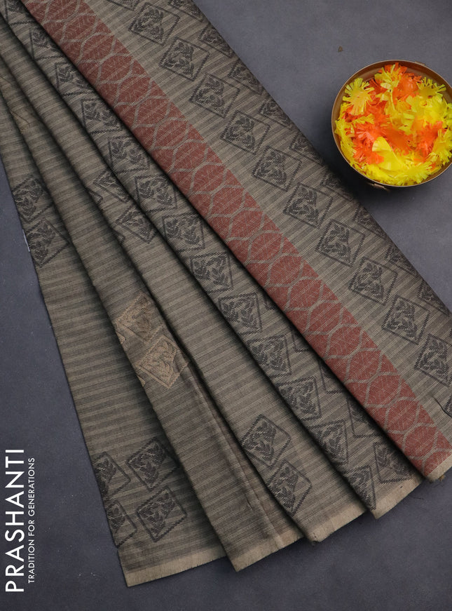 Nithyam cotton saree grey shade with thread & zari woven buttas in borderless style