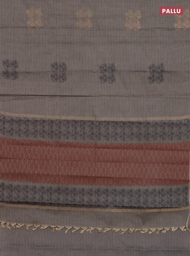 Nithyam cotton saree grey shade with thread & zari woven buttas in borderless style