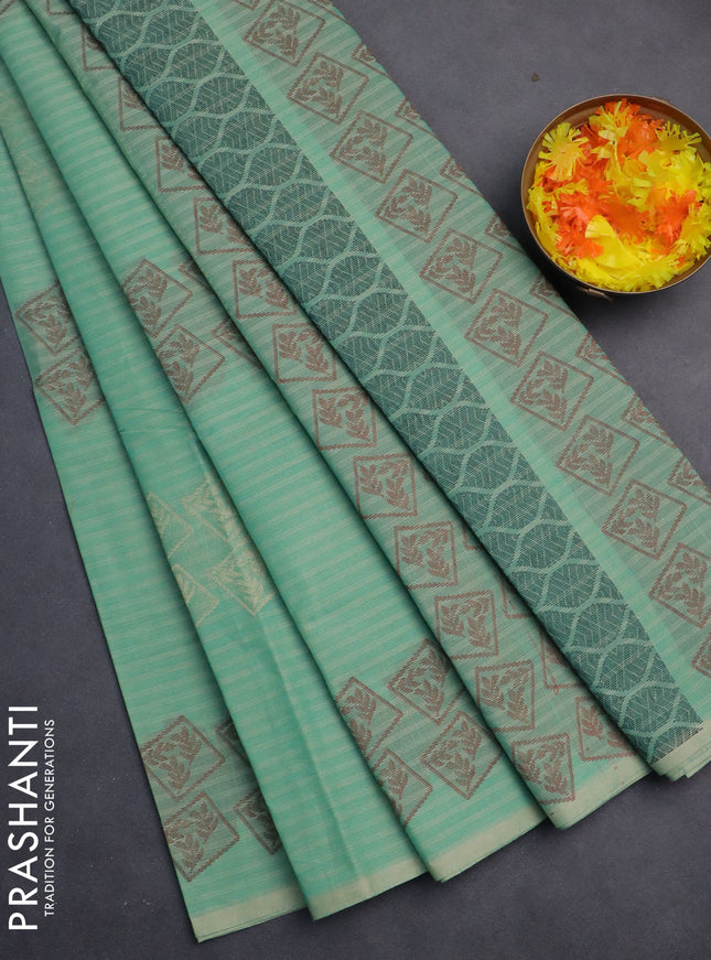 Nithyam cotton saree teal green with thread & zari woven buttas in borderless style