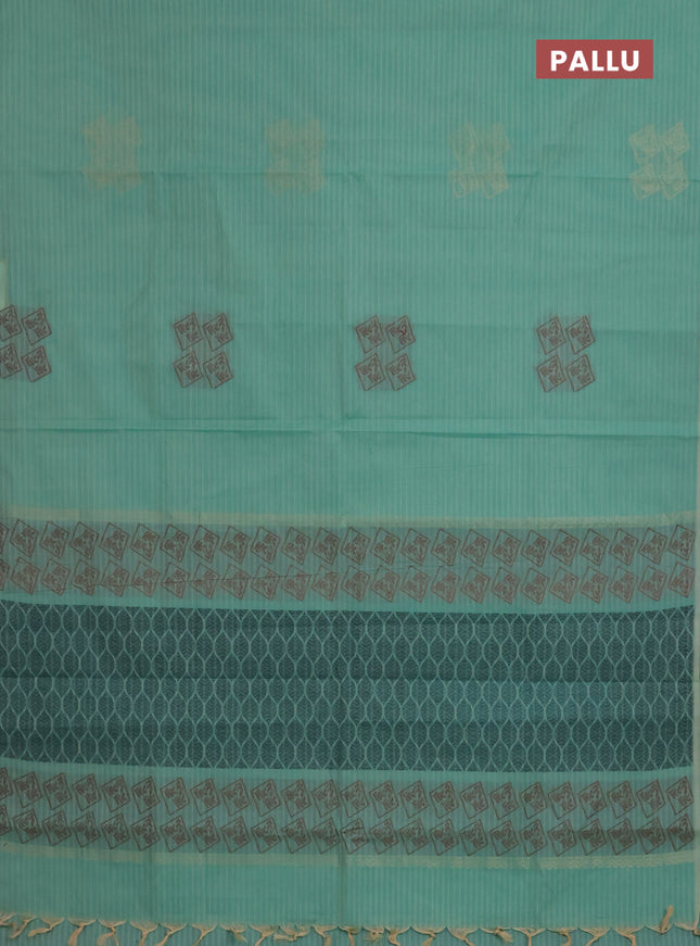Nithyam cotton saree teal green with thread & zari woven buttas in borderless style