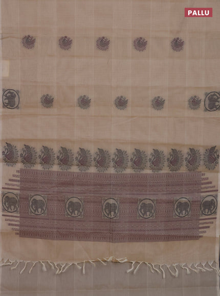 Nithyam cotton saree beige with allover checks & thread woven buttas in borderless style