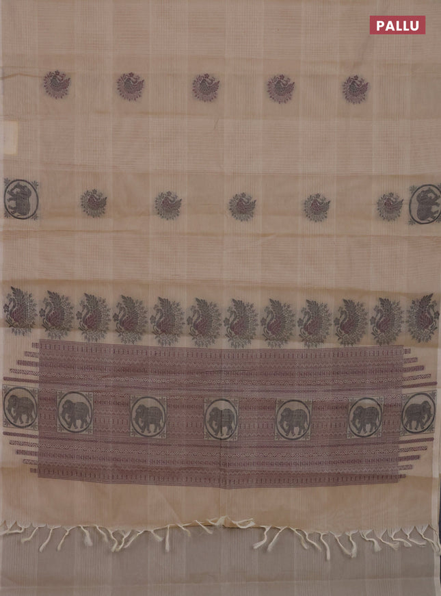 Nithyam cotton saree beige with allover checks & thread woven buttas in borderless style