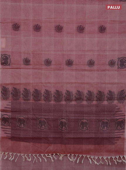 Nithyam cotton saree pastel maroon with allover checks & thread woven buttas in borderless style