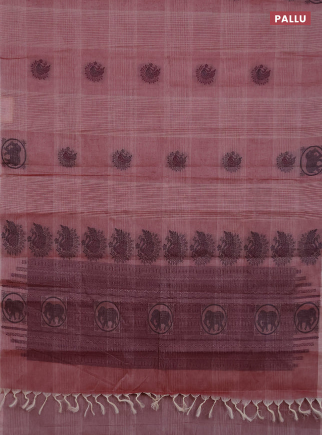 Nithyam cotton saree pastel maroon with allover checks & thread woven buttas in borderless style