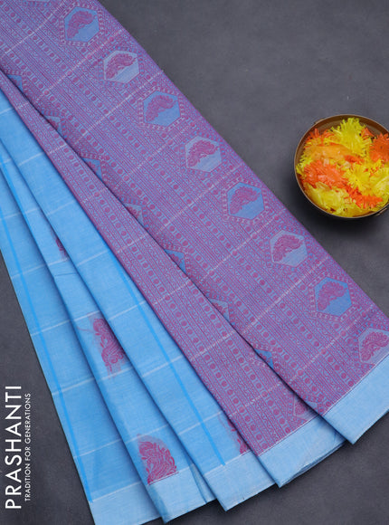 Nithyam cotton saree blue with allover checks & thread buttas in borderless style