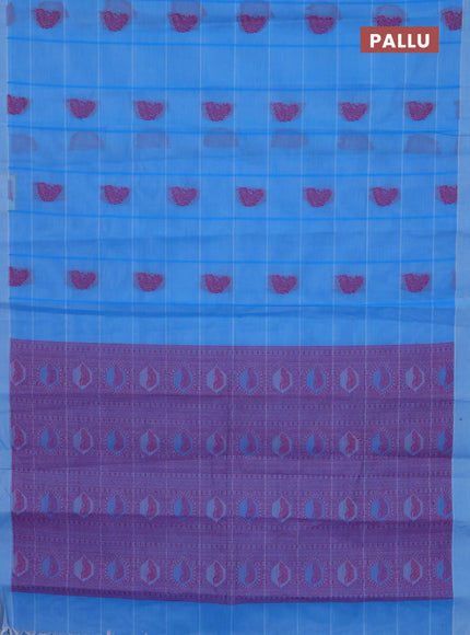 Nithyam cotton saree blue with allover checks & thread buttas in borderless style