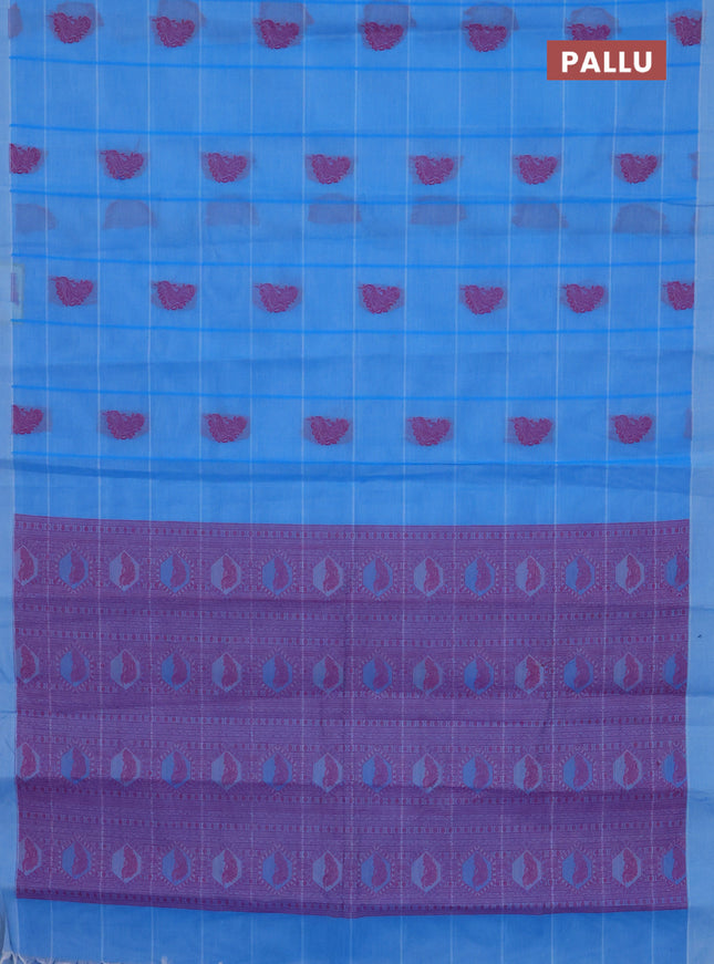Nithyam cotton saree blue with allover checks & thread buttas in borderless style