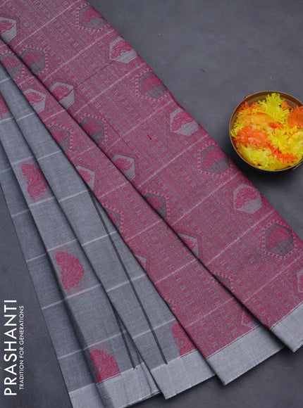 Nithyam cotton saree grey with allover checks & thread buttas in borderless style