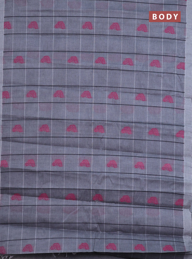 Nithyam cotton saree grey with allover checks & thread buttas in borderless style