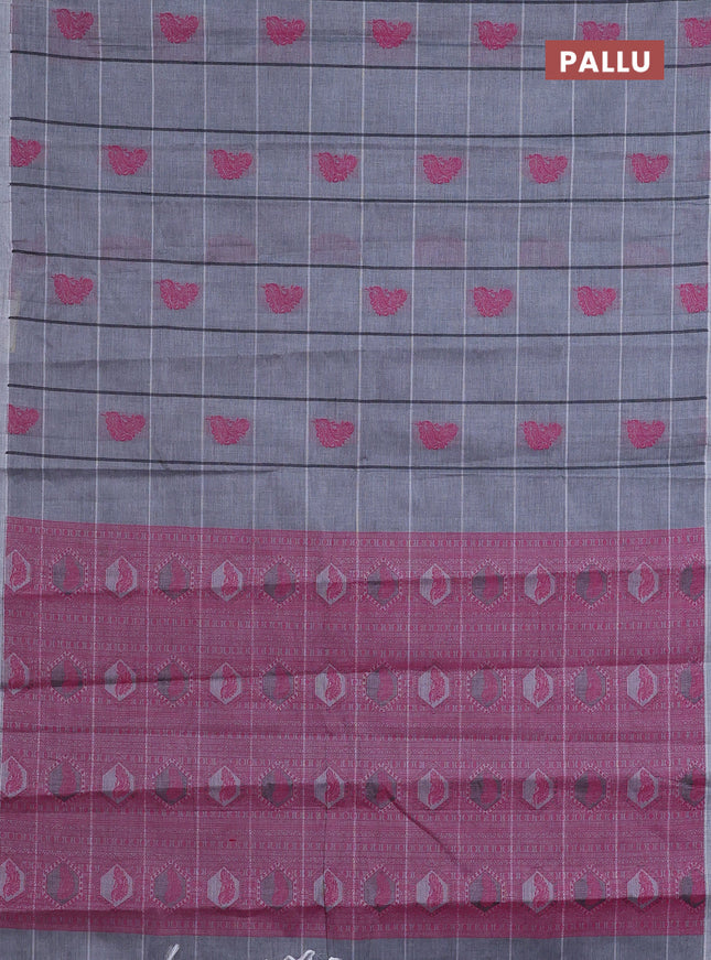Nithyam cotton saree grey with allover checks & thread buttas in borderless style