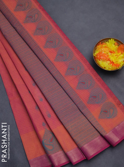 Nithyam cotton saree dual shade of pinkish orange with allover thread woven buttas and zari woven border