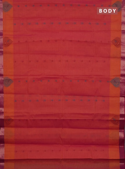 Nithyam cotton saree dual shade of pinkish orange with allover thread woven buttas and zari woven border