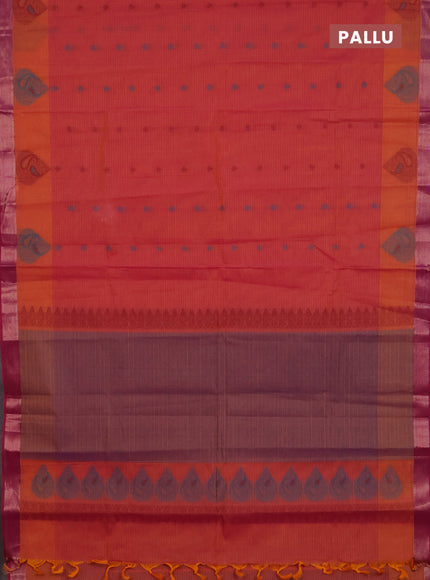 Nithyam cotton saree dual shade of pinkish orange with allover thread woven buttas and zari woven border