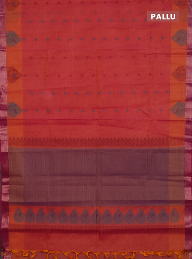 Nithyam cotton saree dual shade of pinkish orange with allover thread woven buttas and zari woven border