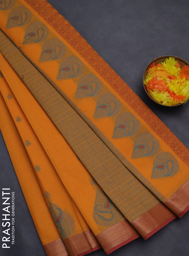 Nithyam cotton saree mango yellow and dual shade of pink with allover checks & thread buttas and zari woven border