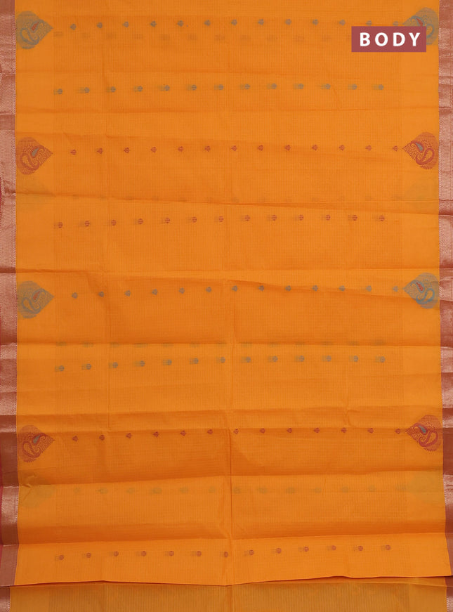 Nithyam cotton saree mango yellow and dual shade of pink with allover checks & thread buttas and zari woven border
