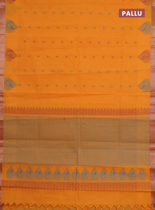 Nithyam cotton saree mango yellow and dual shade of pink with allover checks & thread buttas and zari woven border