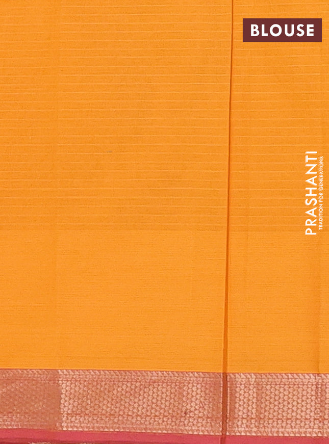 Nithyam cotton saree mango yellow and dual shade of pink with allover checks & thread buttas and zari woven border