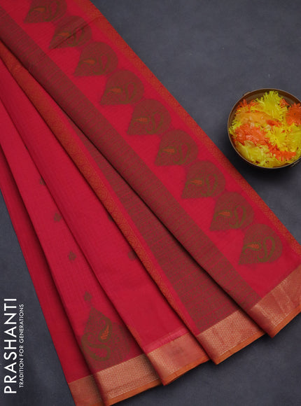 Nithyam cotton saree pink and dual shade of yellow with allover checks & thread buttas and zari woven border