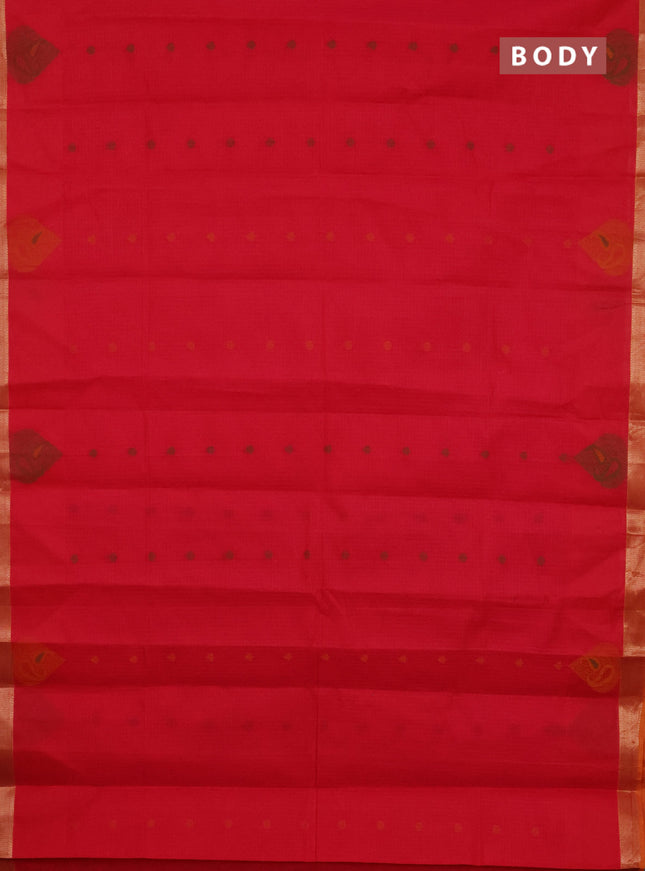 Nithyam cotton saree pink and dual shade of yellow with allover checks & thread buttas and zari woven border