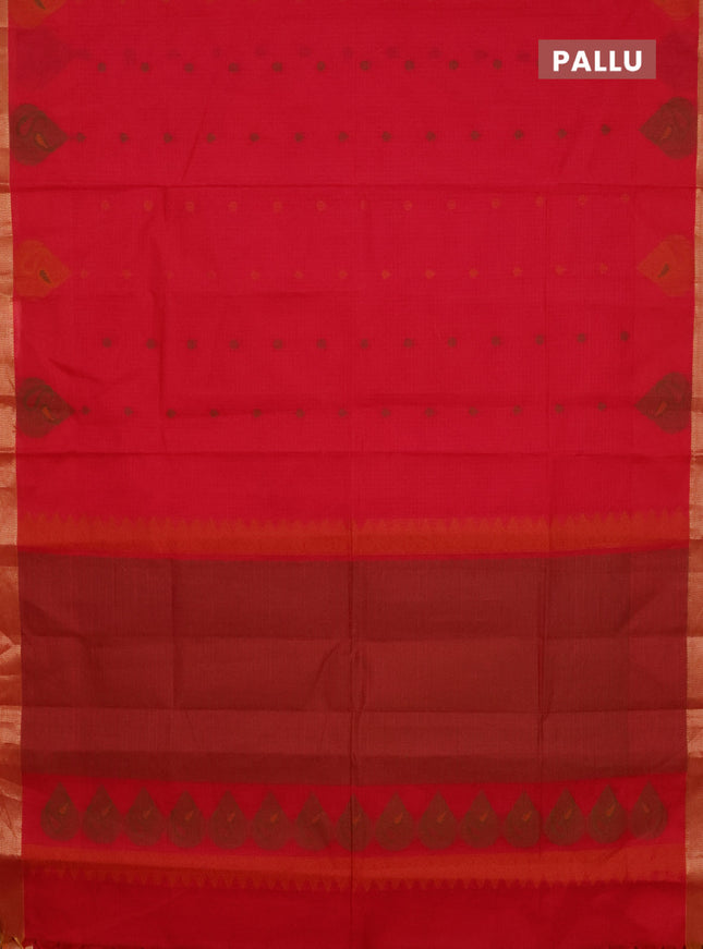 Nithyam cotton saree pink and dual shade of yellow with allover checks & thread buttas and zari woven border