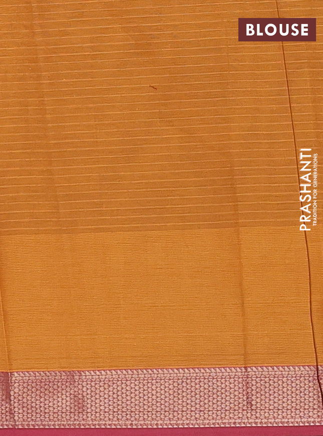 Nithyam cotton saree dark mustard and pink shade with allover checks & thread buttas and zari woven border