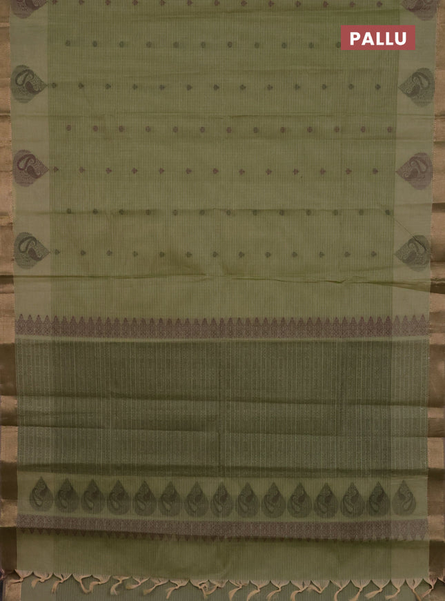 Nithyam cotton saree pastel green with allover checks & thread buttas and zari woven border