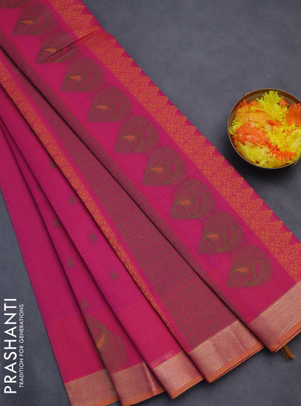 Nithyam cotton saree pink and rust shade with allover checks & thread buttas and zari woven border